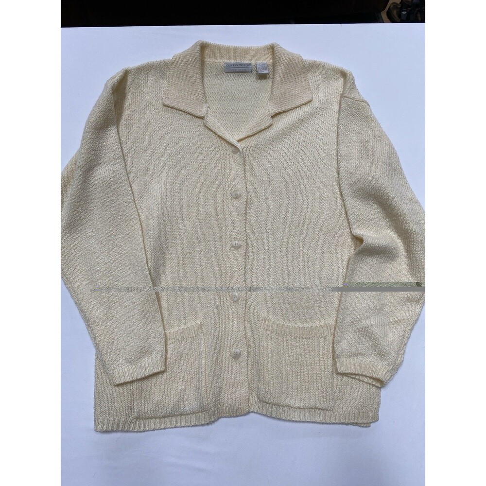Carolyn Taylor XL Cream Knit Collared Button Cardigan Sweater Vintage